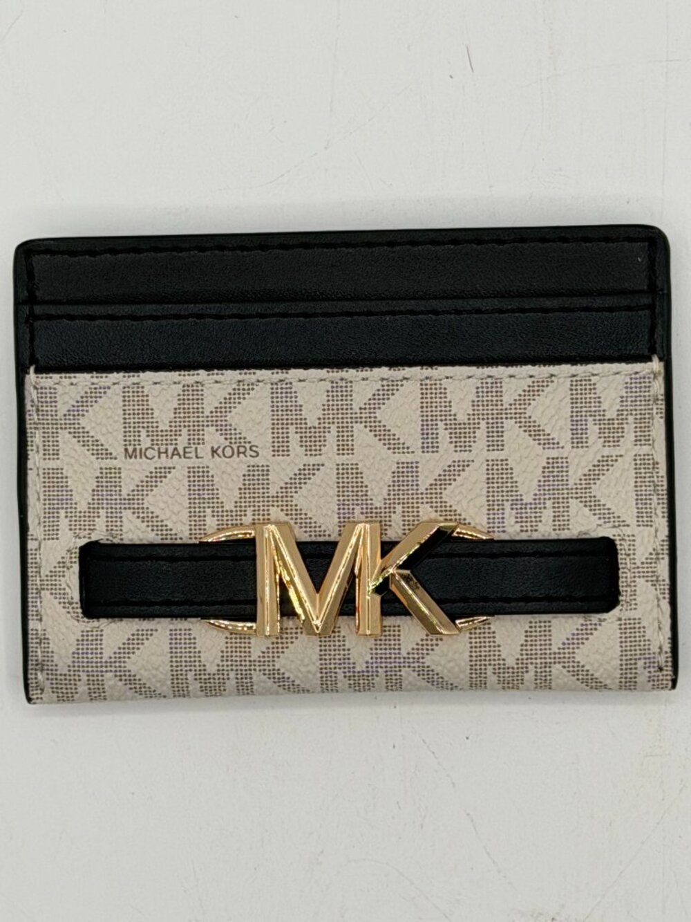 NWT Michael Kors Reed Large Card Holder Wallet Vanilla Black MK Logo